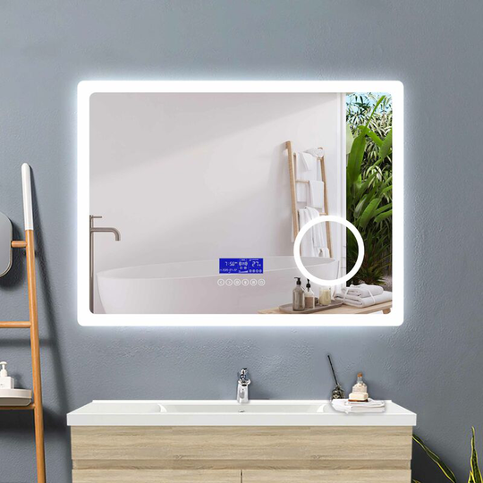 Acezanble - bathroom mirror 100x60cm + 2 adjustable led colors + anti-fog + lcd panel (Touch, Bluetooth speaker, Clock, Date, Temperature) +