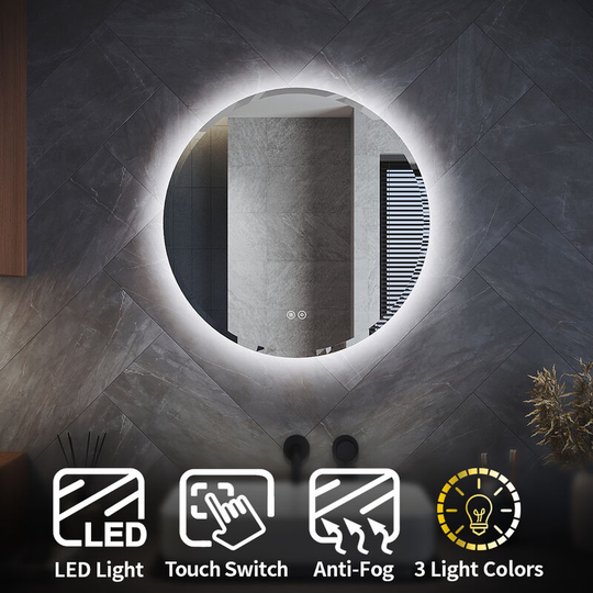 Bathroom led Mirror 600 x 600 mm Round Wall Mounted Backlit Bathroom Mirror with led Light, Demister Pad, Adjustable Brightness & 3 Color - Elegant