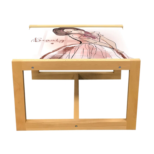 Beauty Coffee Table, Pencil Drawn Dreamy Girl With Long Hair, Acrylic Glass Center Table With Wooden Frame For Offices Dorms Redwood Blush White
