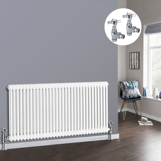 White 2 Column Traditional Cast Iron Style Radiator with Chrome Angled Cross Head Manual Valves Horizontal 600x1460mm