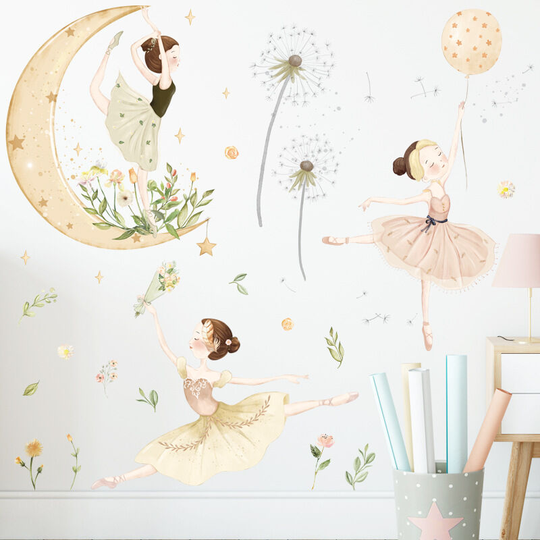 2 pieces of watercolor moon star stickers Ballet dance room decoration Children's room Princess self-adhesive background stickers Bedroom dandelion
