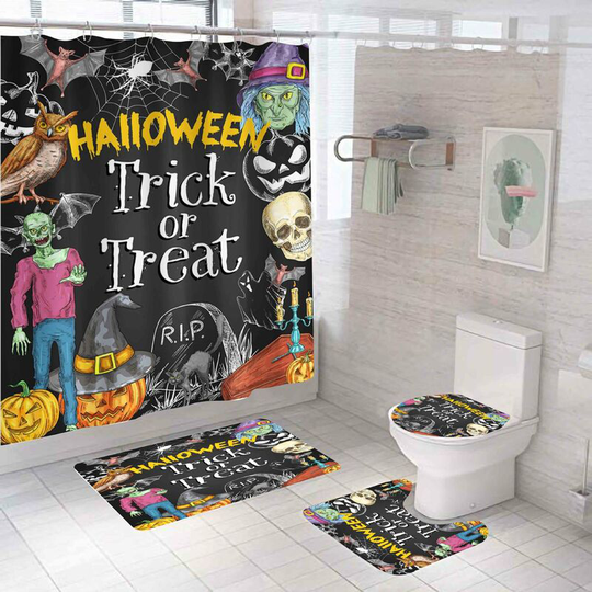 Spooky Halloween Shower Curtain Sets, 71 inch x 71 inch Halloween Bathroom Decor Set - Shower Curtain with Mat, Toilet Lid Cover, Bath Mat