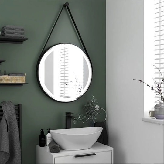 Daemyn Round Lighted Metal Framed Rope Hanging Bathroom Mirror in Black