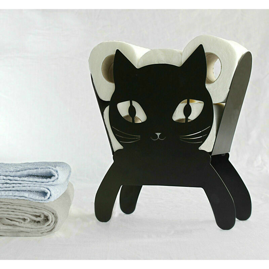 Black Cat Toilet Roll Holder Metal Bathroom Kitty Kitten Storage Loo Roll Stand Wall Mounted Free Standing Spacious Holds up to 5 Rolls