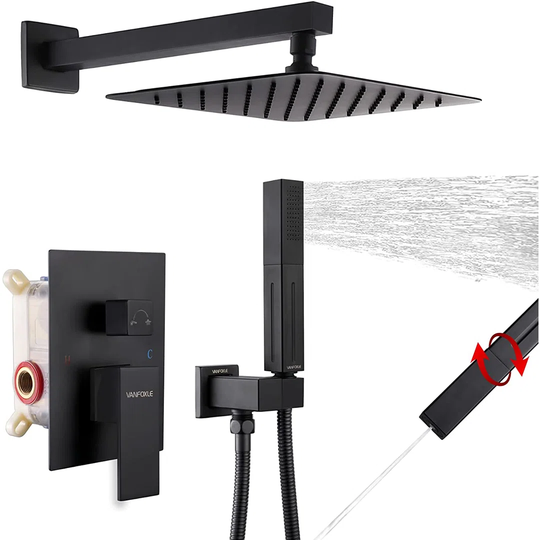 Regendusche System In Schwarz Matt - Advanced Air Injection Technology,Quadratischer Regenduschkopf,Edelstahl Und Messing
