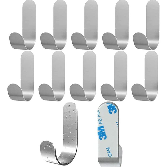 Perlerare - 10pcs 3M Adhesive Hooks, Stainless Steel Bathroom Wall Hooks, Waterproof Self Adhesive Towel Rack for Kitchen Living Room