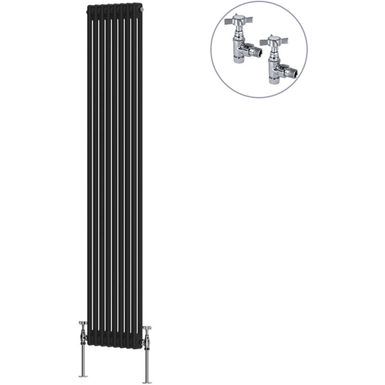 Traditional Rad Cast Iron Style Radiator Black + Chrome Angled Traditional Radiator Manual Valves 1800x380mm Vertical Double Column