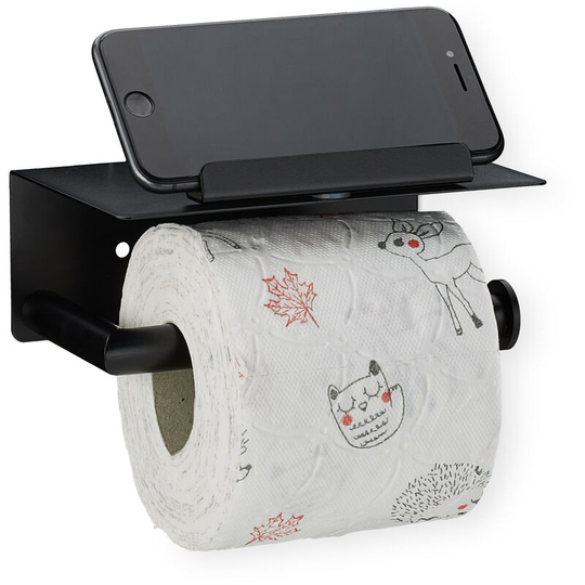 Toilet Paper Holder with Shelf, 430 Brushed Stainless Steel, Wall Mounting, Phone Shelf, 6x16x10.5 cm, Black - Relaxdays