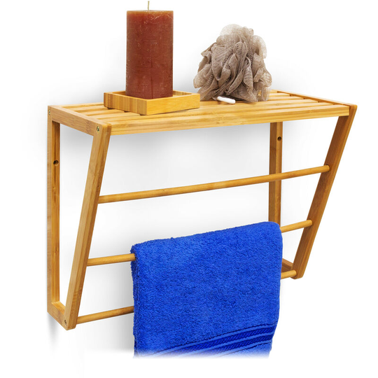 Relaxdays - Bamboo Towel Holder With Shelf Storage 30 x 42 x 20 cm Wall Mounted Bathroom Towel Holder with 3 Rails Small Bathroom Shelf Bamboo Shelf