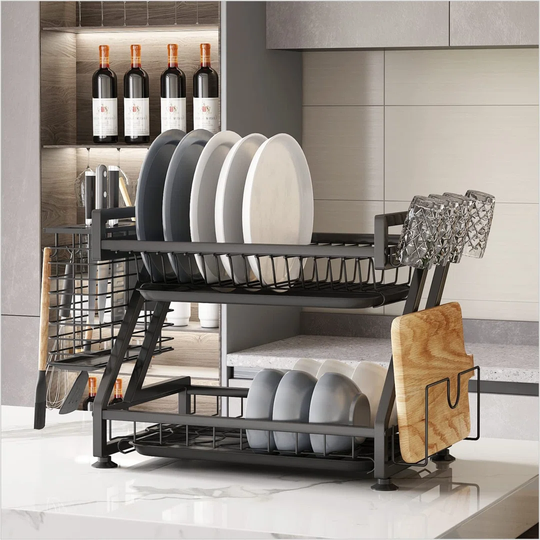 Dish Rack With Cup Holder,Dish Drying Rack, Dish Drainer Rack,With Utensil Knife Cup Holder And Cutting Board Holder (Black)