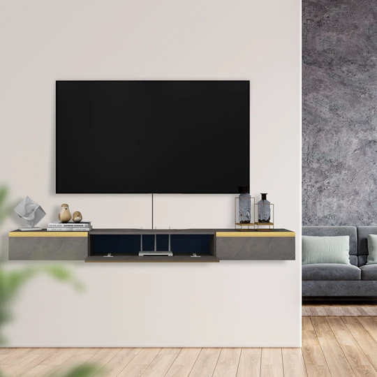 FloWall Mounted Wood Floating TV Console Enteating TV Shelves,Wall-Mounted Floating TV Stand Media Console With 2 Drawers And 1 Door Wall TV Cabinet U