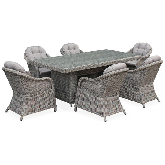 6-seater garden table in round pollyrattan with 6 armchairs - Lecco - grey rattan, grey cushions - Grey