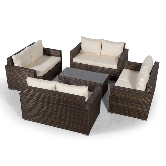 Villatoro Brown Rattan 4 X 2 Seat Sofa With 2 X Rectangle Coffee Table, Outdoor Patio Garden Furniture