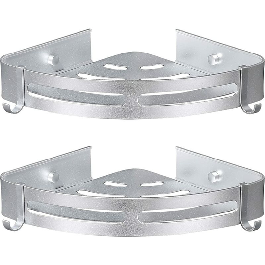 No Drilling Shower Shelf, Rustproof Corner Shower Shelf, Shower Storage with 4 Hooks, No Drilling Shower Storage Silver
