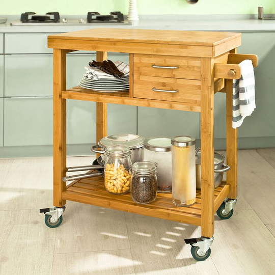 Bamboo Kitchen Trolley with Drawers & Towel Paper Holder,FKW26-N - Sobuy