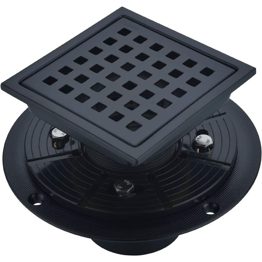 4' (110mm) Square Shower Drain with Adjustable Shower Drain Base Flange, sus 304 Stainless Steel Floor Drain (Black)