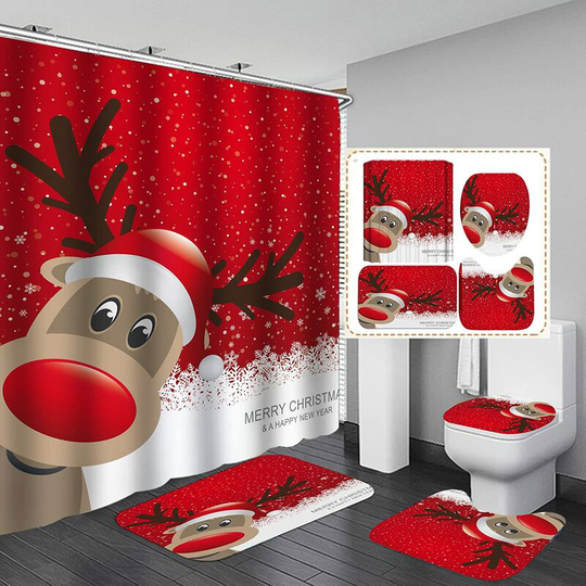 Sunflowergb - Merry Christmas Shower Curtain Sets for Bathroom, 4 Piece Christmas Shower Curtain/Non-Slip Bathroom Mat/Toilet Cover/Bath Mat, Funny
