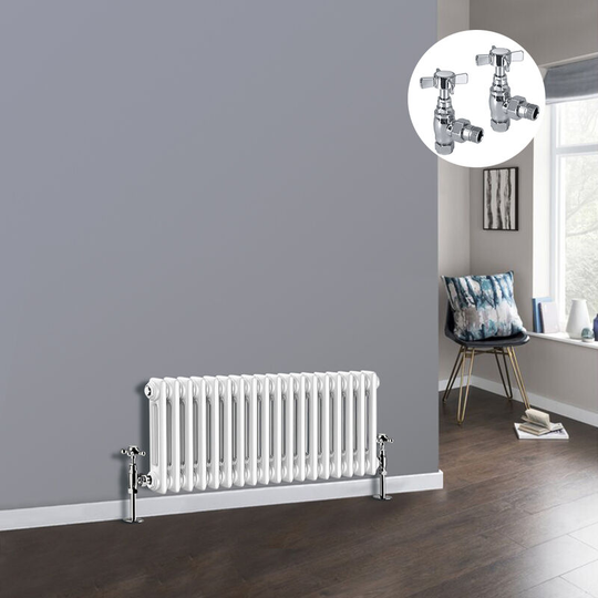 White 2 Column Traditional Cast Iron Style Radiator with Chrome Angled Cross Head Manual Valves Horizontal 300x830mm
