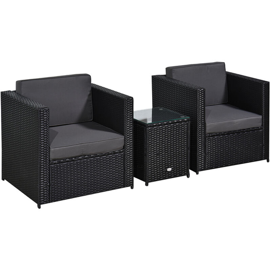 3Pcs Patio 2 Seater Rattan Sofa Garden Furniture Set Coffee w/ Cushions - Black - Outsunny