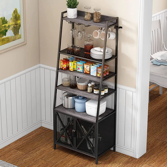 5-Tier Wine Rack With Glass Holder, Freestanding Wine Bar Cabinet With Mesh Door And Detachable Wine Rack, Industrial Liquor Cabinet For Home, Kitchen