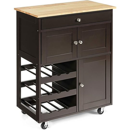 Kitchen Serving Trolley, Rolling Storage Island Cart with Drawer, 3 Tier Wine Racks, 2 Cabinets, Rubber Wood Tabletop and Wheels, Utility Storage