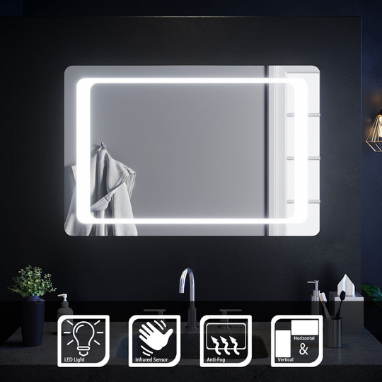 Frontlit led Bathroom Mirror 900x600mm Aluminium Alloy Bathroom Vanity Mirror with Infrared Sensor, Demister - Elegant