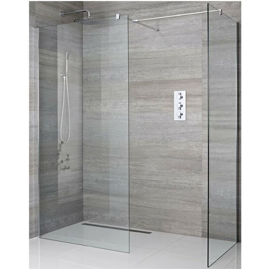 Portland - Corner Walk In Wet Room Shower Enclosure with Two 700mm Screens, Support Arms and 600mm Tile Insert Shower Drain - Chrome - Milano