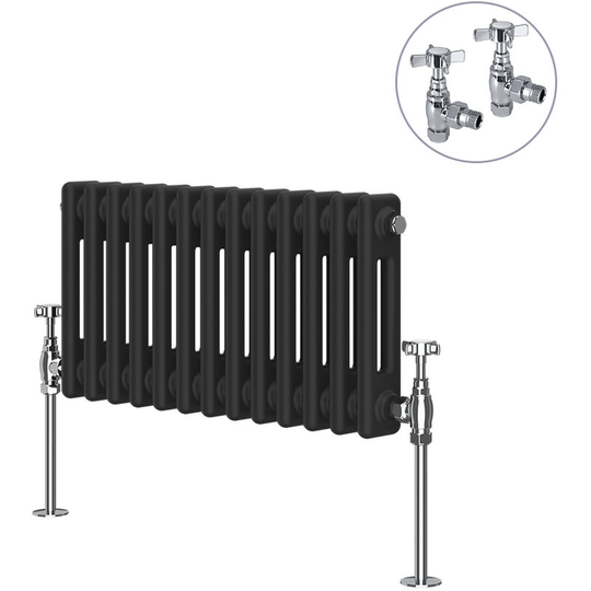 Black Traditional Cast Iron Style Radiator with Chrome Angled Cross Head Manual Valves Horizontal 2 Column 300x605mm