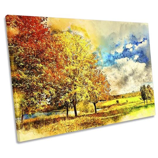 Autumn Lake Trees Landscape - Wrapped Canvas Painting