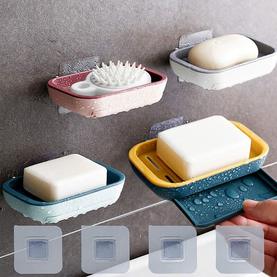 Perlerare - Soap Dish with Drain, 4 Piece Soap Dish Keeps Soap Dry for Kitchen, Bathroom, Wall Mounted Sticky Soap Dish - No Drilling