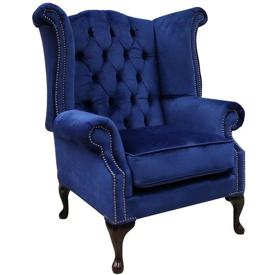 Chesterfield Queen Anne High Back Wing Chair Monaco Royal Blue Velvet
