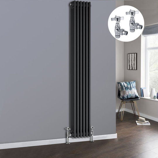 Anthracite 3 Column Traditional Cast Iron Style Radiator with Chrome Angled Cross Head Manual Valves Vertical 1800x292mm