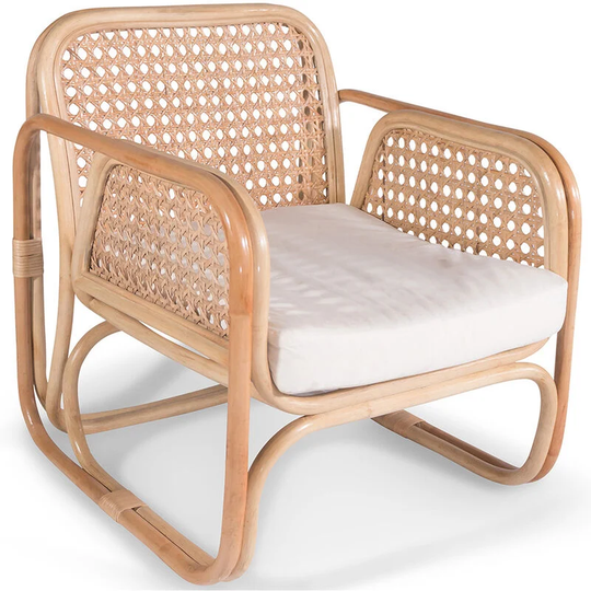 Privatefloor - Rattan Armchair with Cushion, Boho Bali Style - Qawa White Rattan, Canvas - White