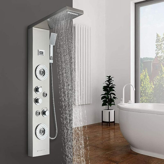 Shower Panel Tower with 6 Functions Rainfall and Waterfall Shower Back Massage Jets Temperature Display Hand Shower and Bathtub Spout Wall Mounted