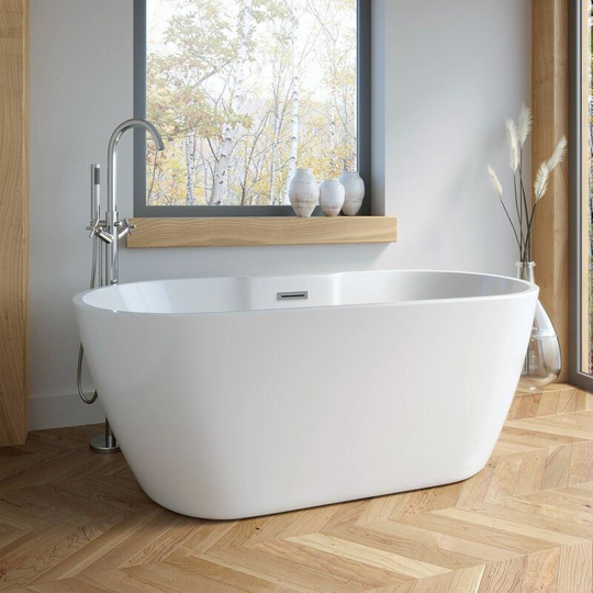 Vasari - 1655mm Modern Freestanding Bath Double Ended Overflow Waste White Acrylic Luxury - White
