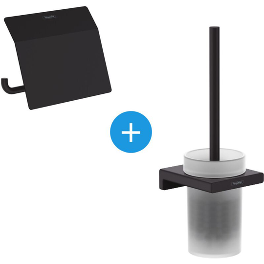 AddStoris Toilet paper holder set with cover + Wall mounted toilet brush holder in glass matt, Black matt (41753670-Addstoris) - Hansgrohe