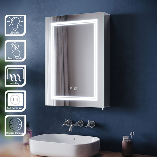 Led Illuminated Bathroom Mirror Cabinet with Shaver Socket Demister and Sensor Adjustable Glass Shelves 500 x 700MM Stainless Steel Cupboard - Elegant