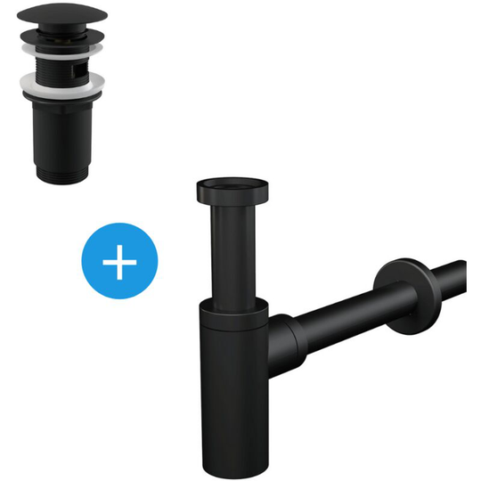 Alca - Basin drain set Click-clac fitting 5/4', for washbasin with overflow + Siphon, Matt black ( SetBlack)
