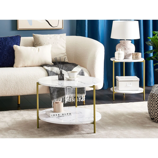 Side Table Marble Effect White With Gold REVA