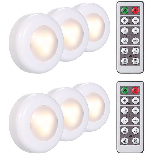 Led Under Cabinet Lamp Puck Light 6 Pack with Remote Control Brightness Adjustable Dimmable Timing