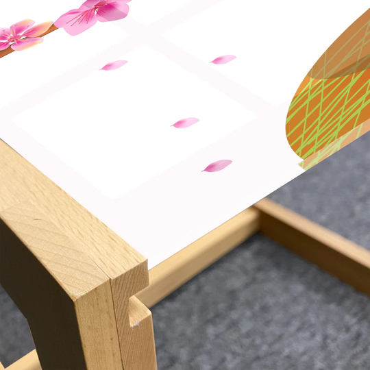 Coffee Time Coffee Table, Cartoon Of Japanese Spring Cherry Blossom Branches And Drink Cup Print, Acrylic Glass Center Table With Wooden Frame For Off