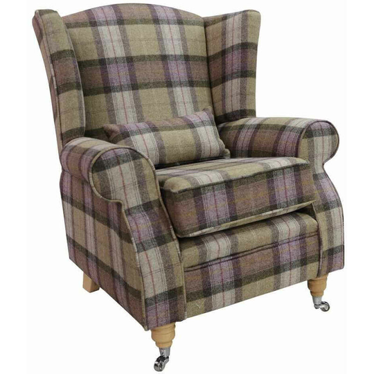 Arnold Wool Tweed Wing Chair Fireside High Back Armchair Skye Moonstone Check Tartan