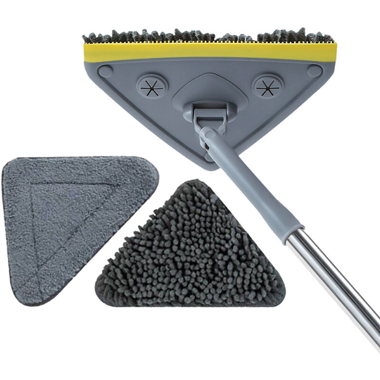 2 In 1 Triangle Mop with Long Handle Floor Brush Window Squeegee Rotatable Corner Gap Cleaning Mop 2 Replacement Rags for Kitchen Bathroom Bathtub