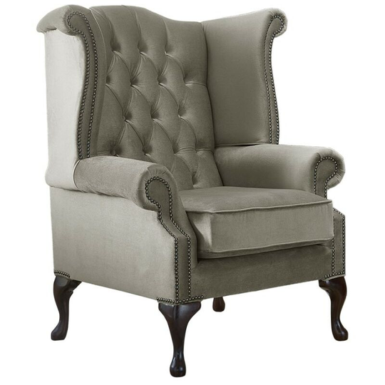 Chesterfield Queen Anne High Back Wing Chair Malta Putty Beige Velvet Fabric