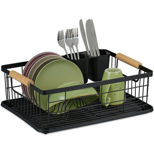 Relaxdays - dish drainer with drip tray & cutlery basket, kitchen draining rack, plate rack, drying rack in black