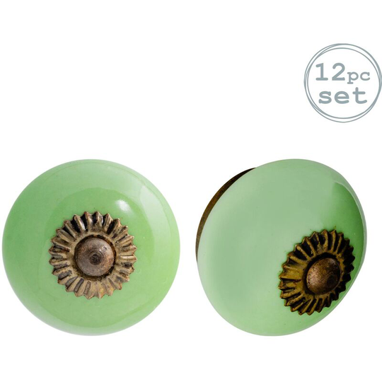 Round Ceramic Cabinet Knobs - Green - Pack of 12 - Nicola Spring