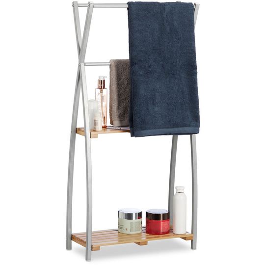 Relaxdays Freestanding Towel Holder, X-Design, 2-Tier Bathroom Towel Rack, HWD: 93 x 46 x 20 cm, Bamboo + Steel, Natural