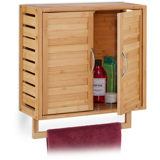 Wall Cabinet with Towel Holder, Magnetic Lock, HxWxD: 56.5 x 51.5 x 21.5 cm, Hanging Locker Bathroom, Bamboo - Relaxdays