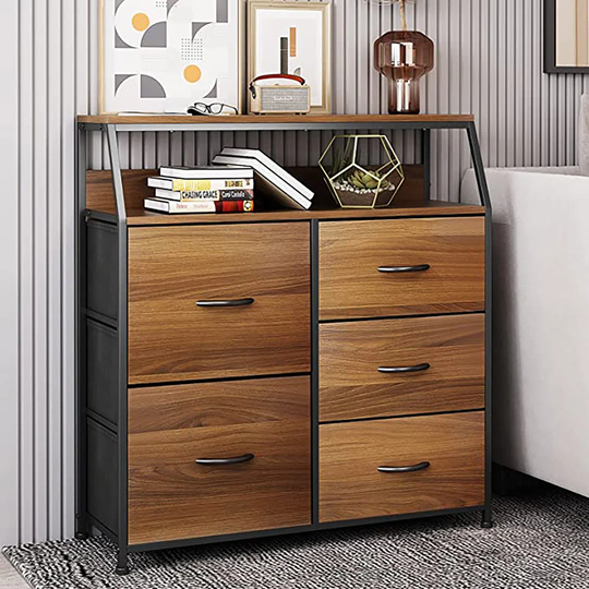 Williston Forge Chest Of Drawers Storage Wardrobe Cabinet With 5 Removable Fabric Drawers Dresser Table, Steel Frame & Wood Top Organizer Unit