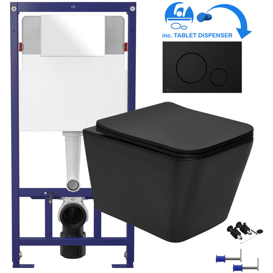 Black Square Rimless Wall Hung Toilet & 1.12m Concealed wc Cistern Frame Set - Matt Black Plate